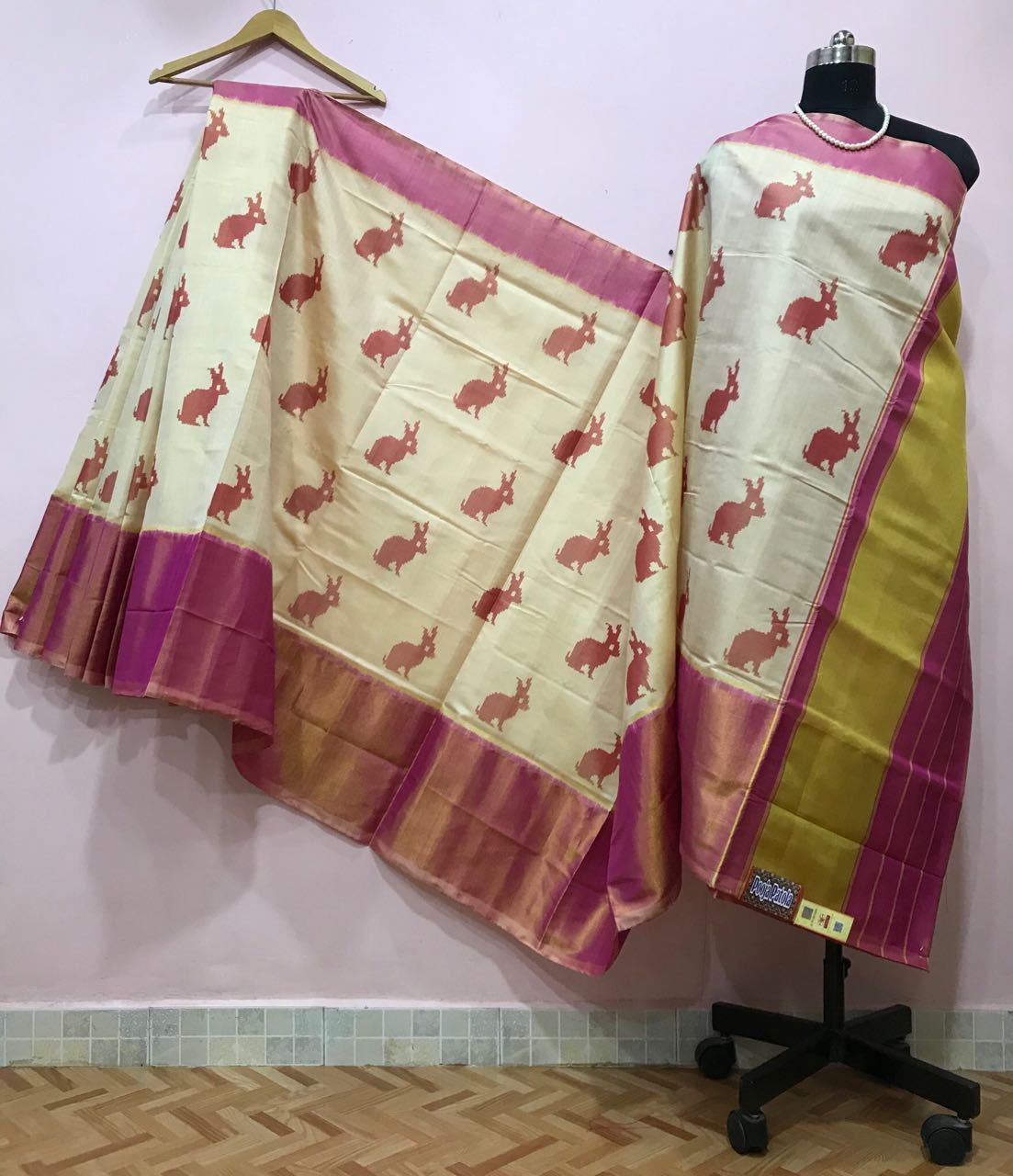 White Rabbit Designed with Pink Border Patola Silk Saree-PPSRE-070