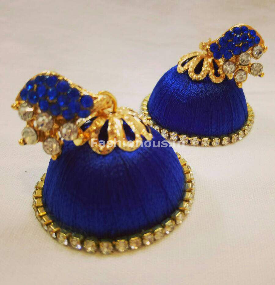White Stone Half Floral With Ink Blue Stone Studded Leaf Silk Thread Jhumkas
