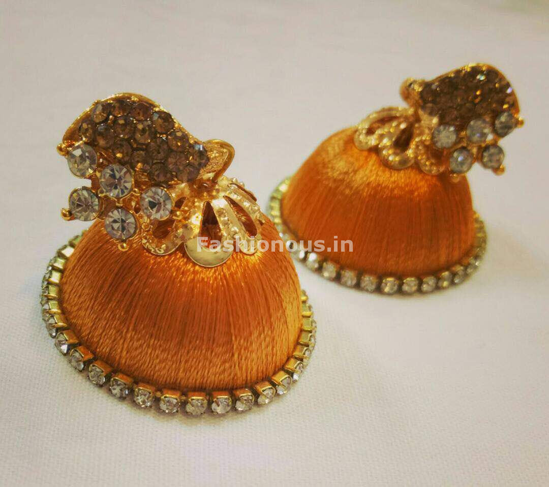 White Stone Half Floral With Light Orange Stone Studded Leaf Silk Thread Jhumkas-STJH-008