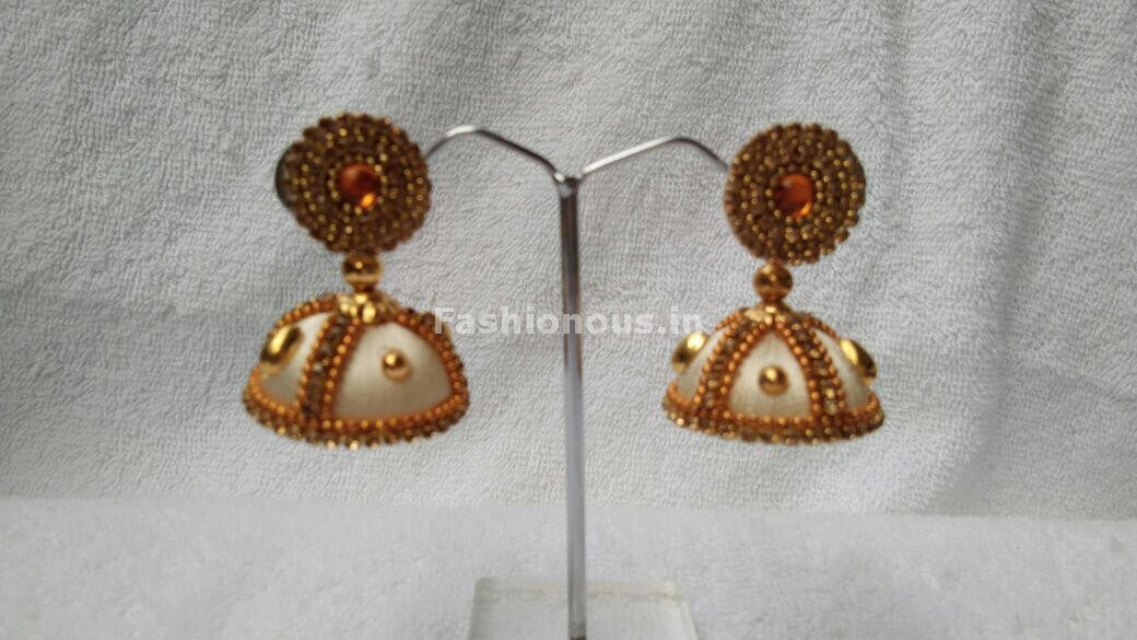 White and Golden Beaded Silk Thread Jhumkas-STJH-065
