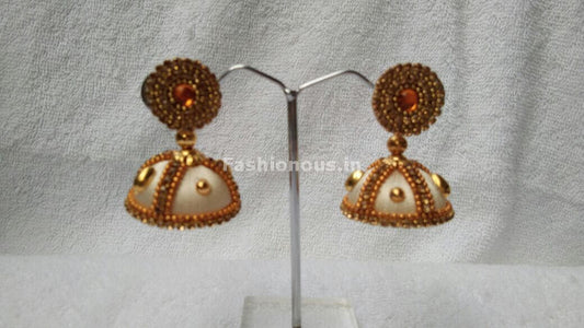 White and  Golden Beaded Silk Thread Jhumkas-STJH-065