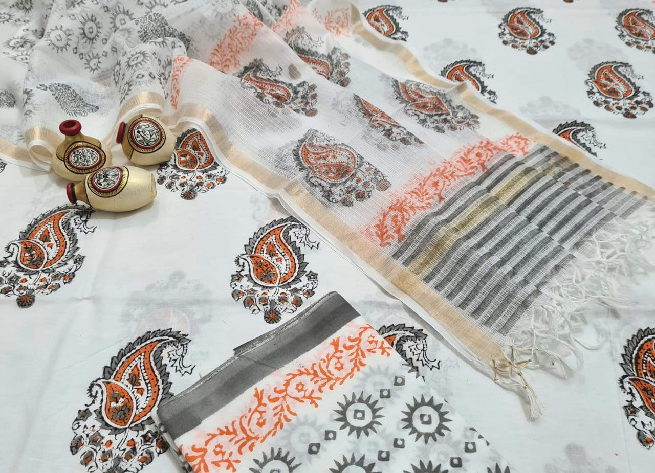 White and Grey Handblock Unstitched Printed Cotton Suit
