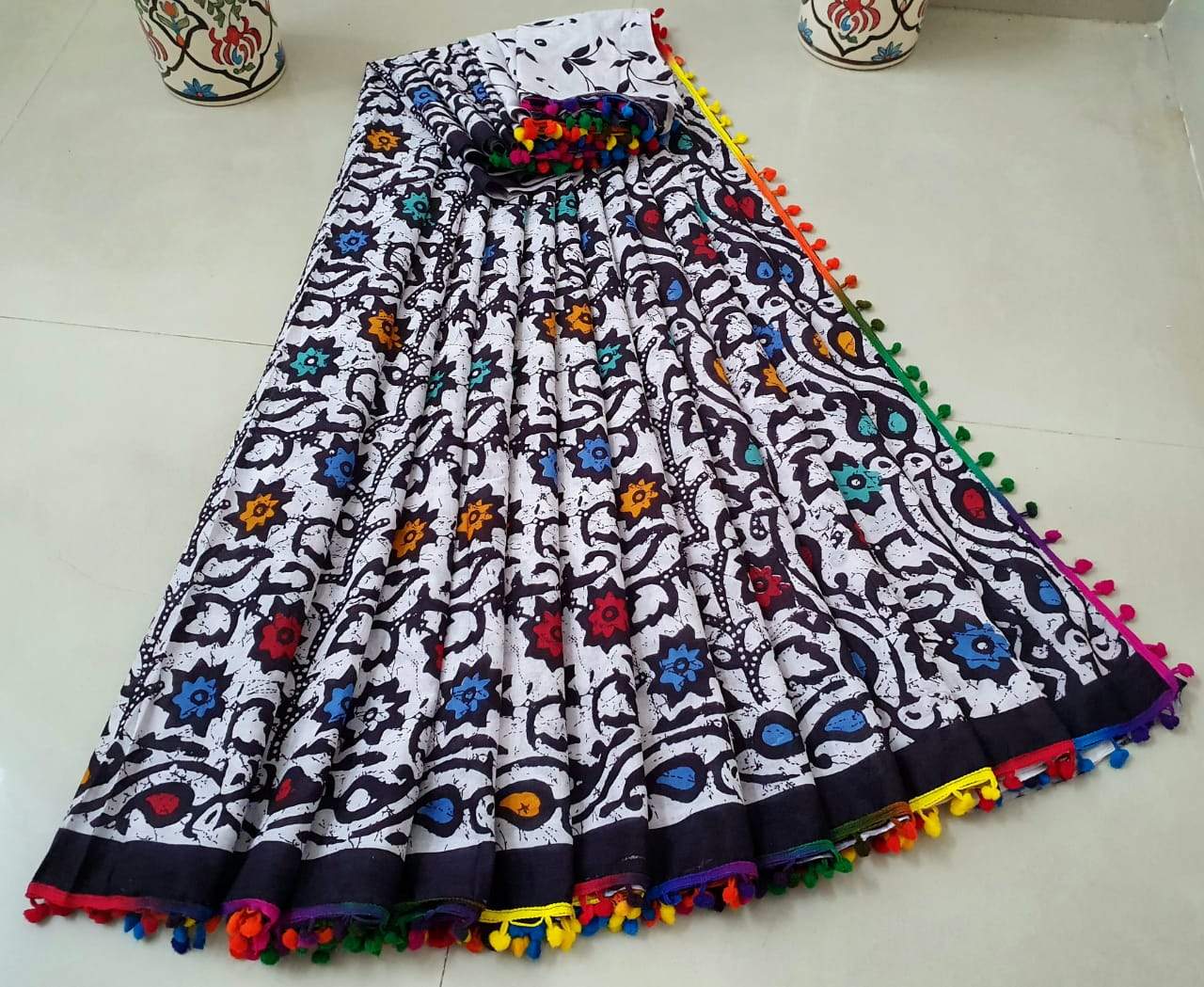 White with Multi colour Mix Jaipuri Cotton Saree