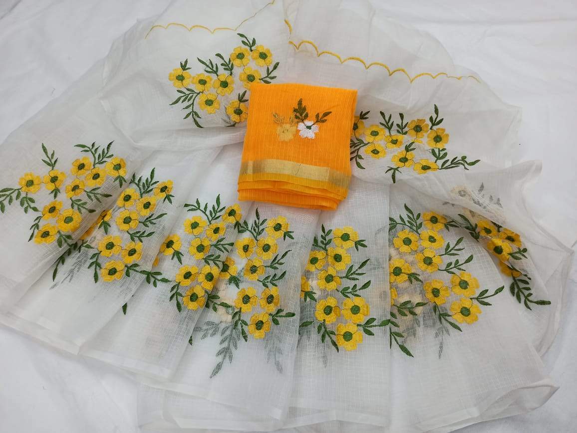 White with Mustard Kota Doria Saree