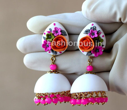 White with Orange Rose Floral Jhumka-ZAPCJH-013