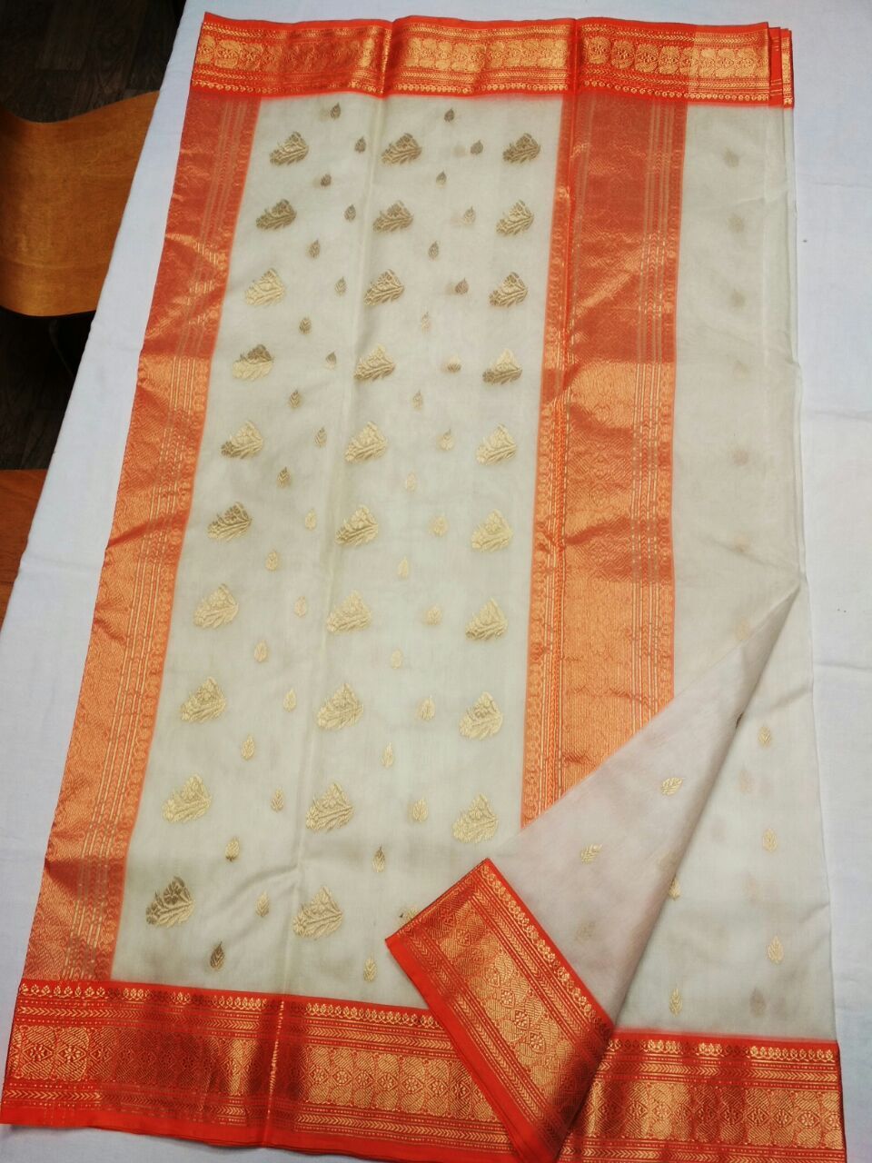 White with Orange Zari Border Chanderi Silk Saree