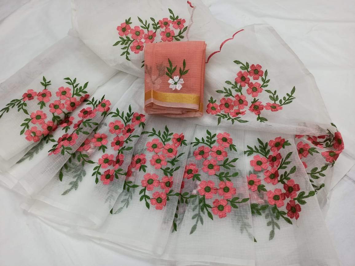 White with Peach Kota Doria Saree