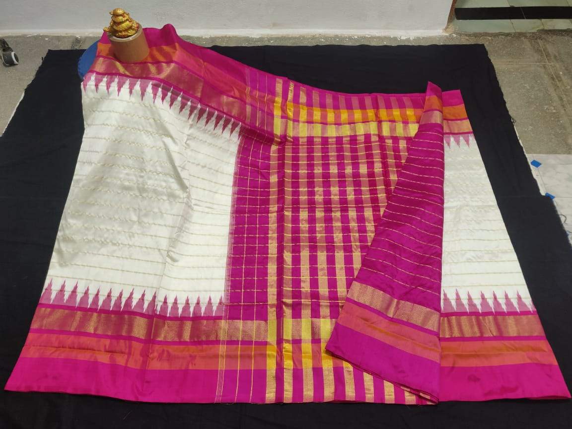 White with Pink Border Pure Ikkat Silk Saree