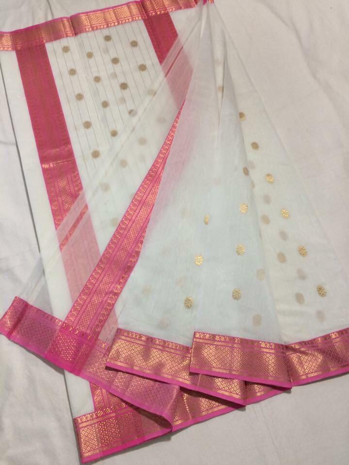 White with Pink Zari Border Chanderi Silk Saree