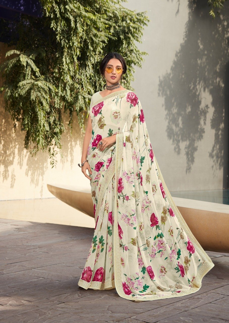 White with Red Rose Chiffon Saree