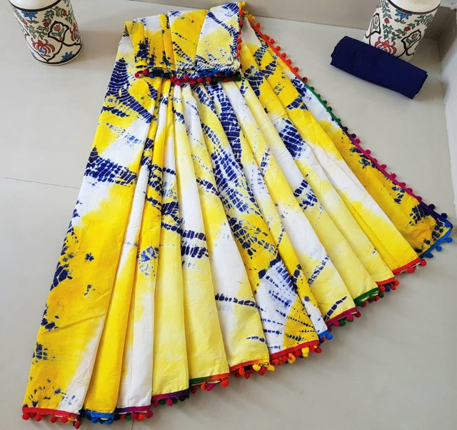 Yellow-Blue Cotton Saree-TCS038