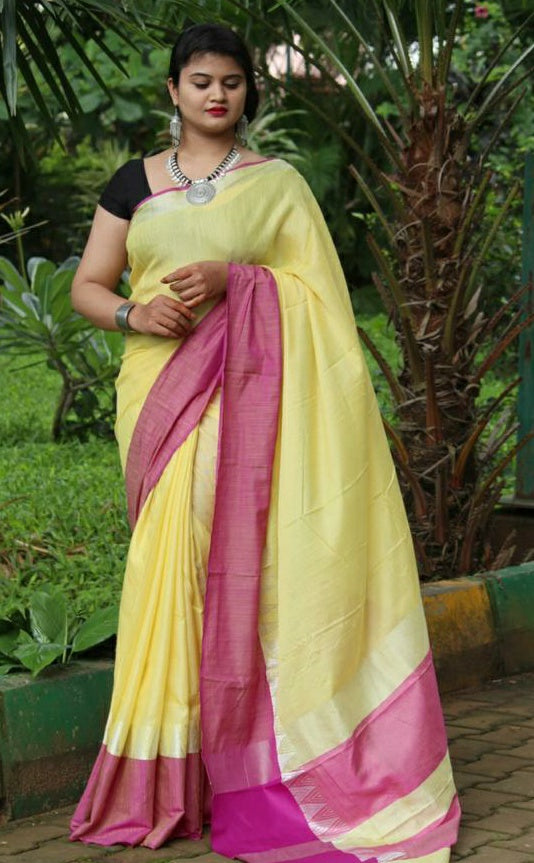 Yellow-Pink Linen Saree (Blend)-LN404