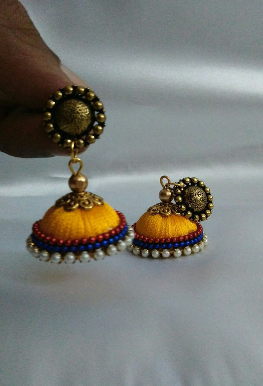 Yellow Antique Silk Thread Jhumkas