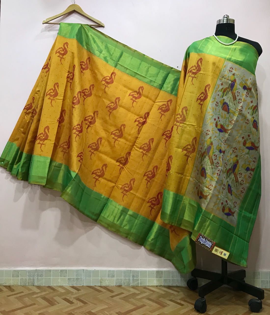 Yellow Bird Designed with Green Border Patola Silk Saree-PPSRE-063