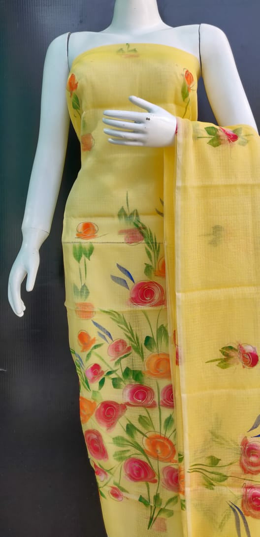Yellow Brush Printed Kota Dress Material