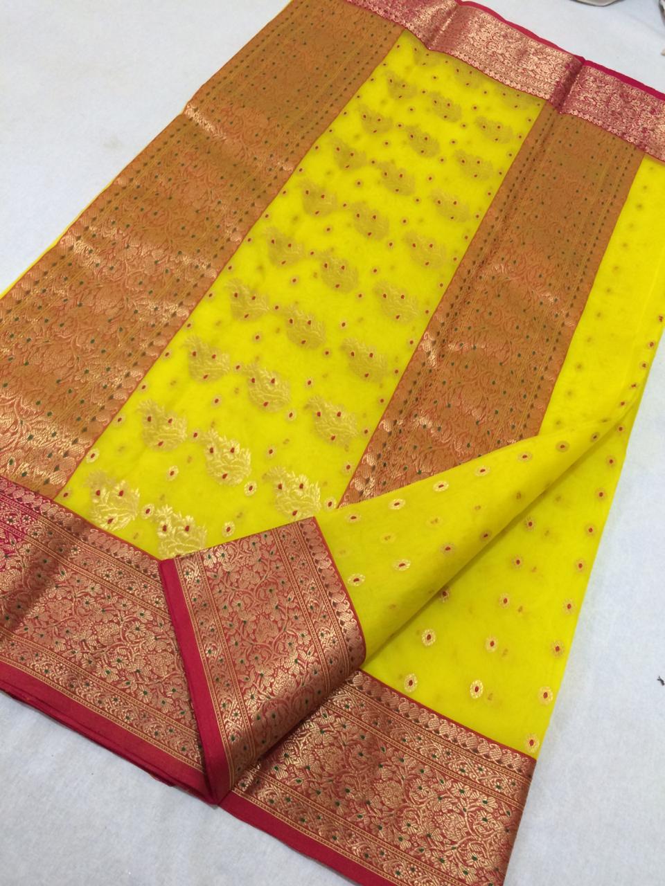 Yellow Chanderi Silk Saree With Golden-Red Border- CSH050