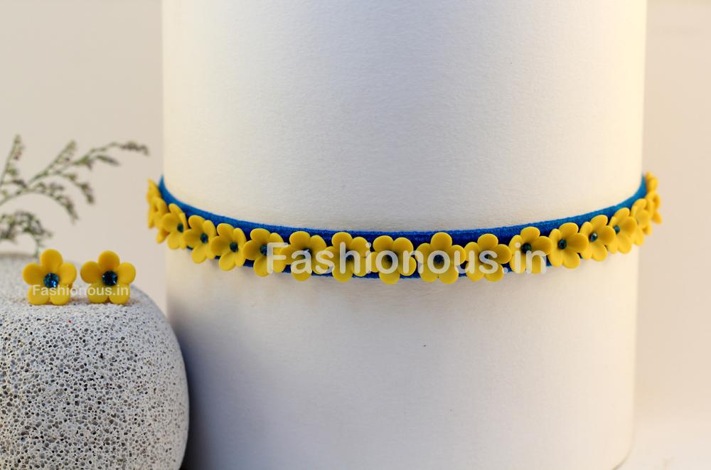Yellow Floral Choker and Studs-ZAPCNS-022