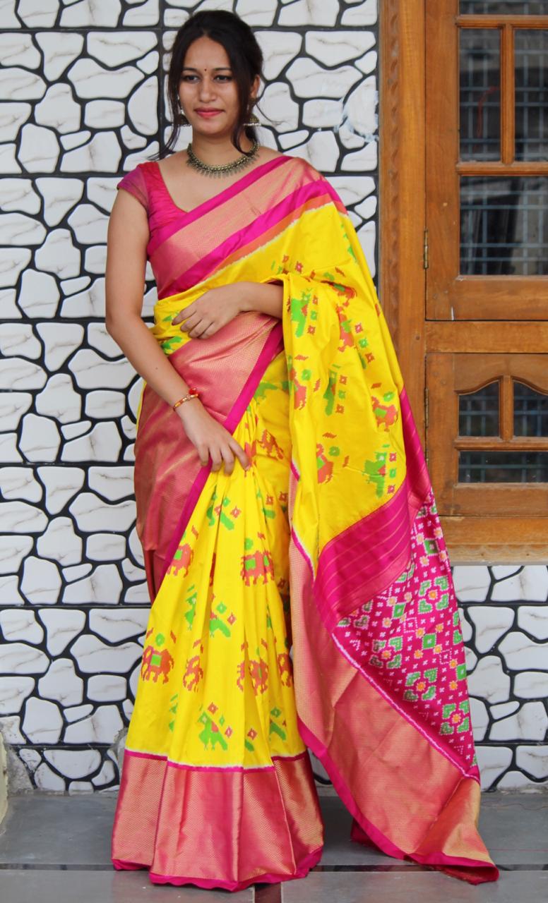 Yellow Ikkat Silk Saree