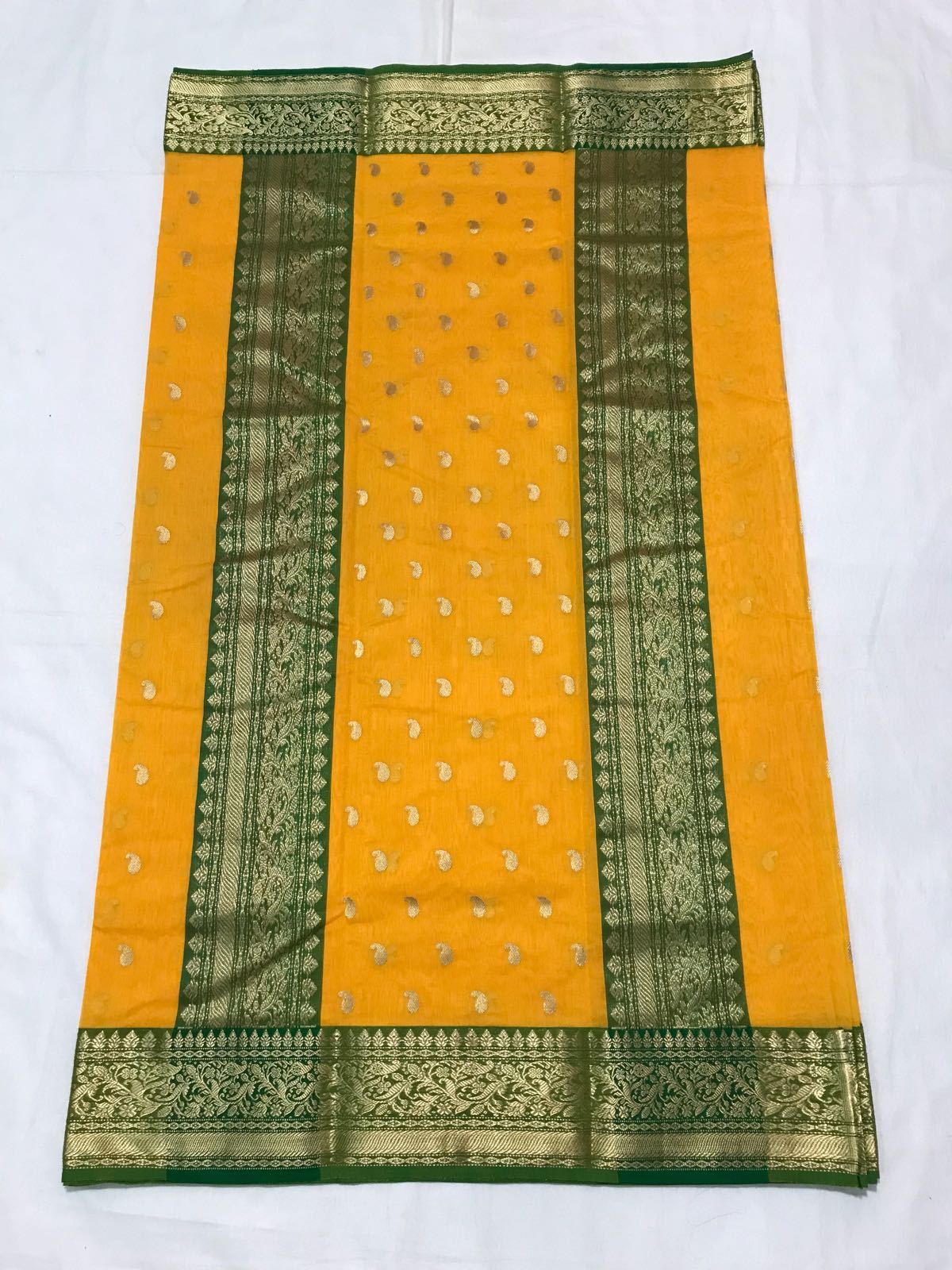 Yellow Mango Designed Green Zari Border Chanderi Silk Saree