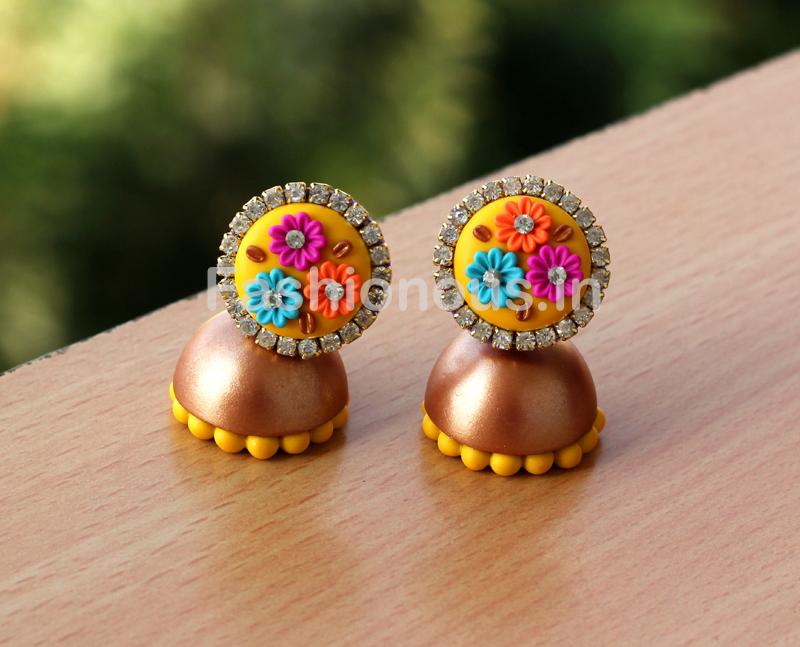Yellow Multi Floral Golden Jhumka-ZAPCJH-030