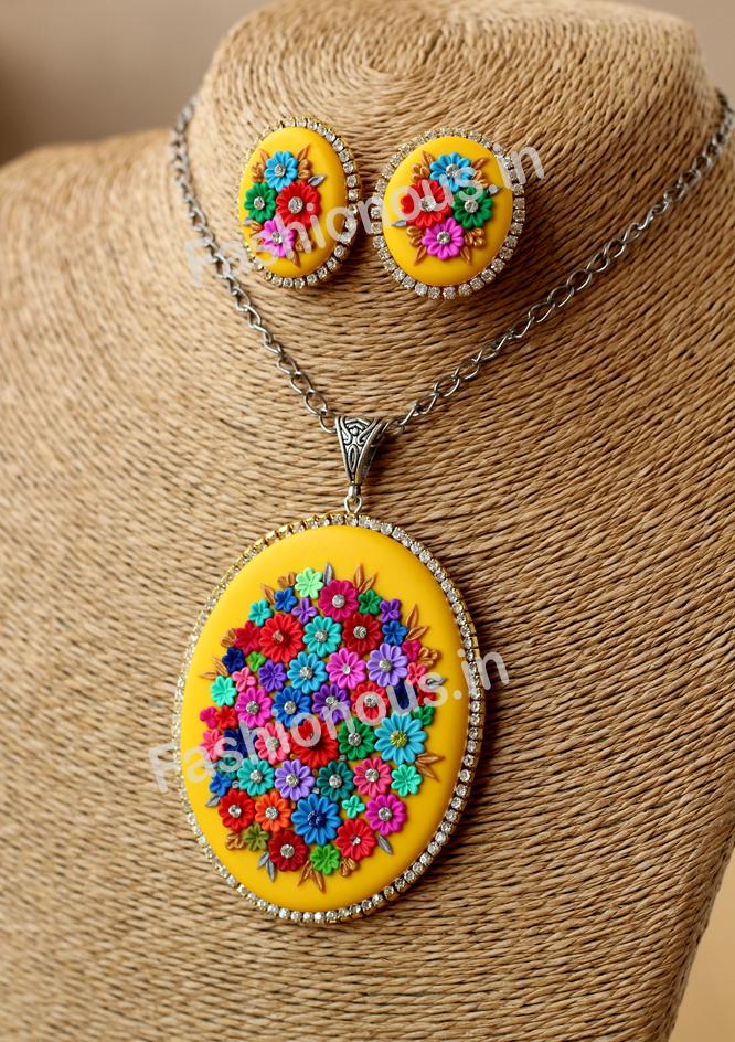 Yellow Multi Floral Necklace and Earrings-ZAPCNS-054