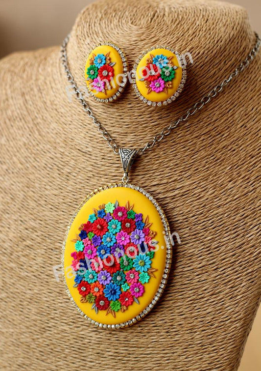 Yellow Multi Floral Necklace and Earrings-ZAPCNS-054