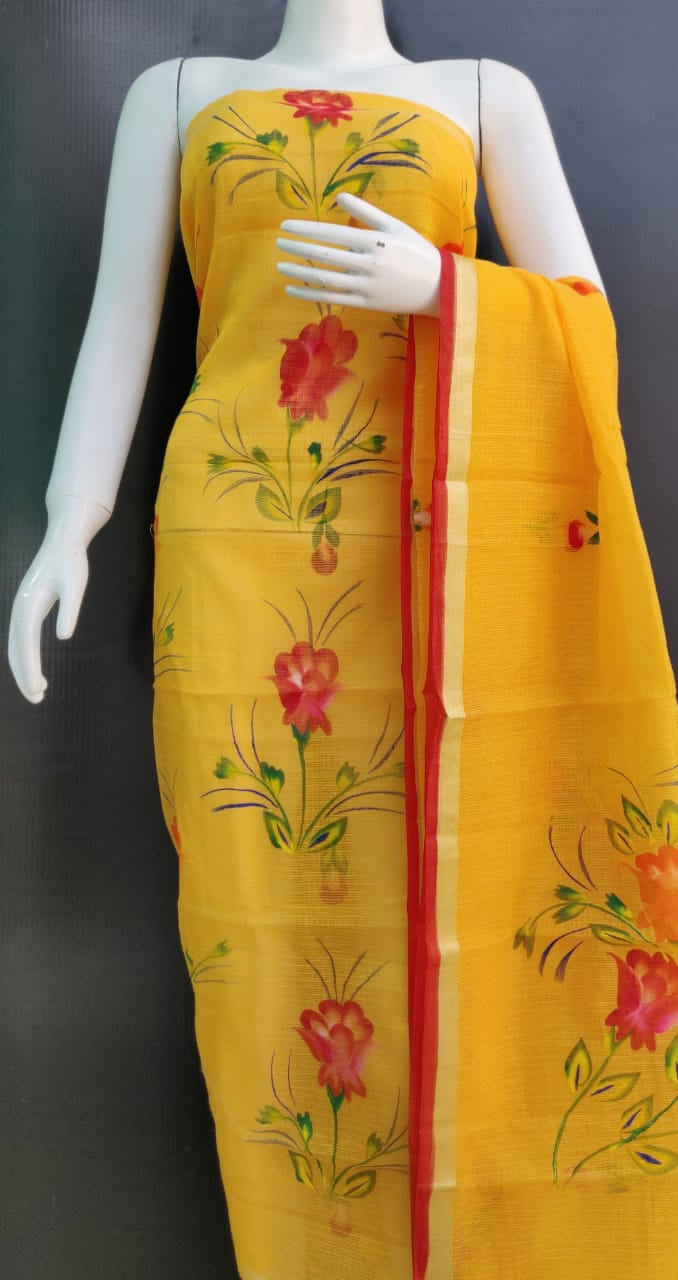 Yellow Mustard Brush Printed Kota Dress Material