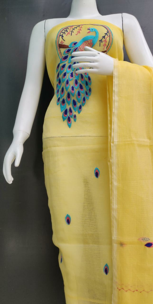 Peacock Embroidered Kota Unstitched Dress Material - PKDM006