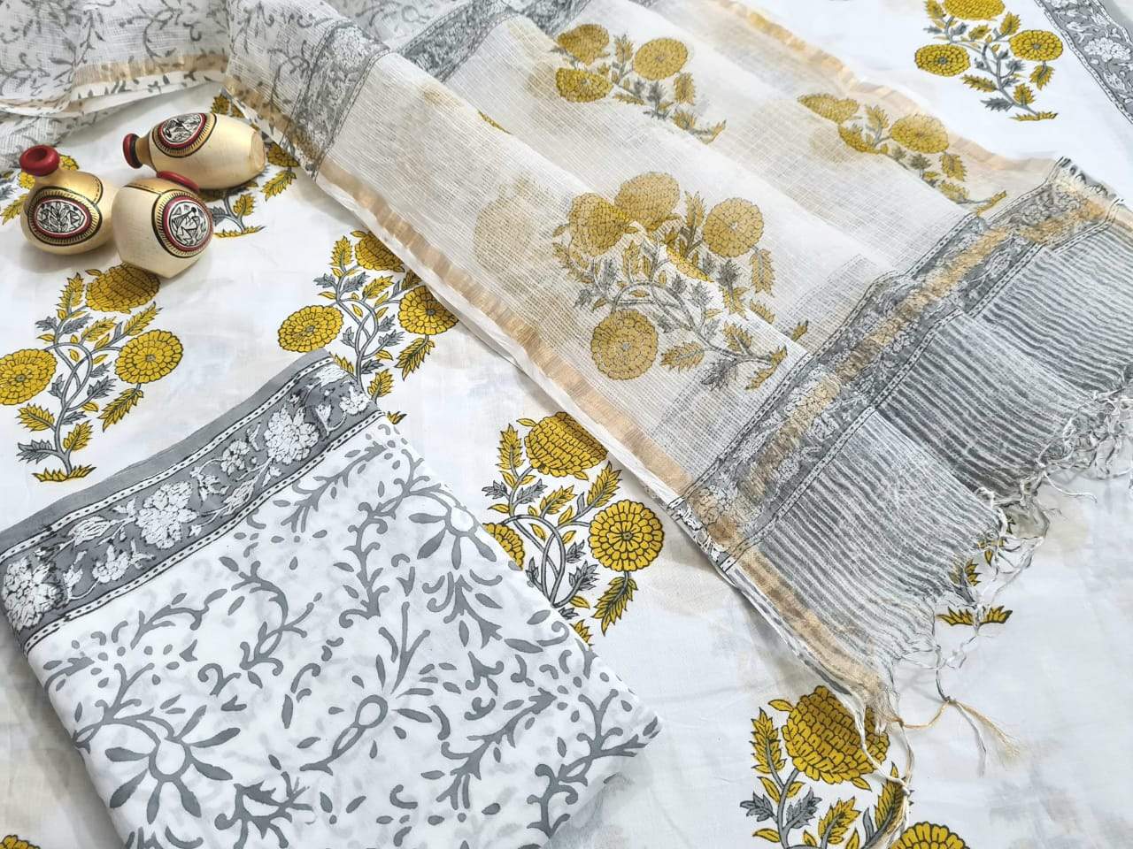 Yellow Printed White Handblock Unstitched Pure Cotton Suit