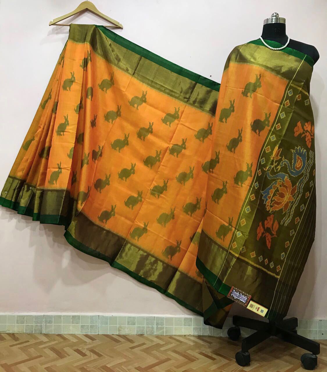 Yellow Rabbit Designed with Green Border Patola Silk Saree-PPSRE-071