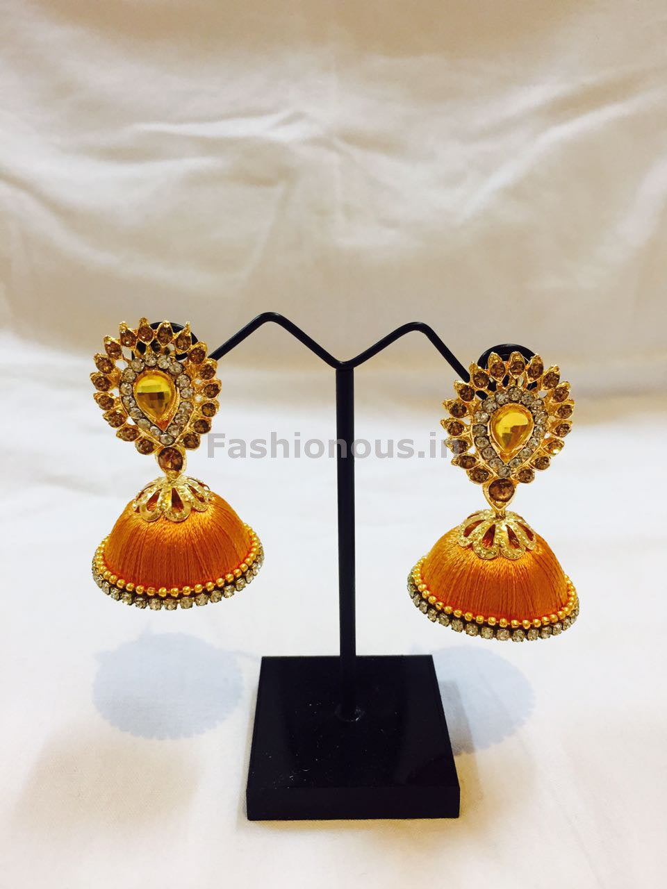 Yellow Stone Studded Droplet Silk Thread Jhumkas-STJH-018