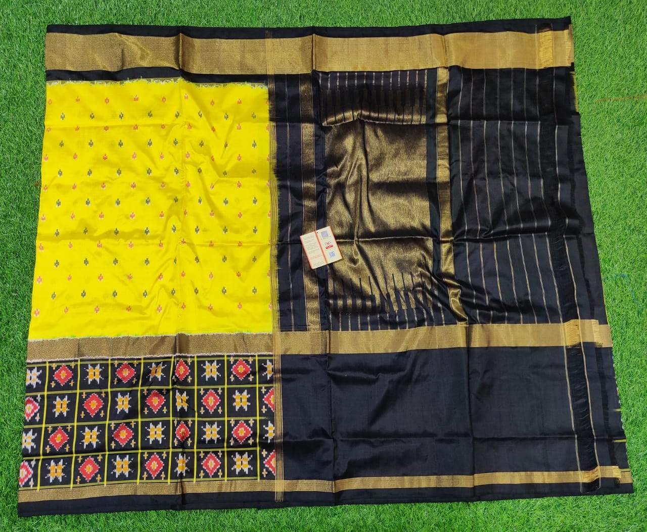 Yellow and Black Ikkat Silk Saree