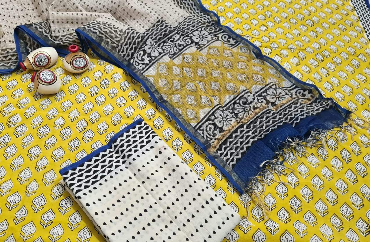 Yellow and Blue Handblock Unstitched Printed Cotton Suit