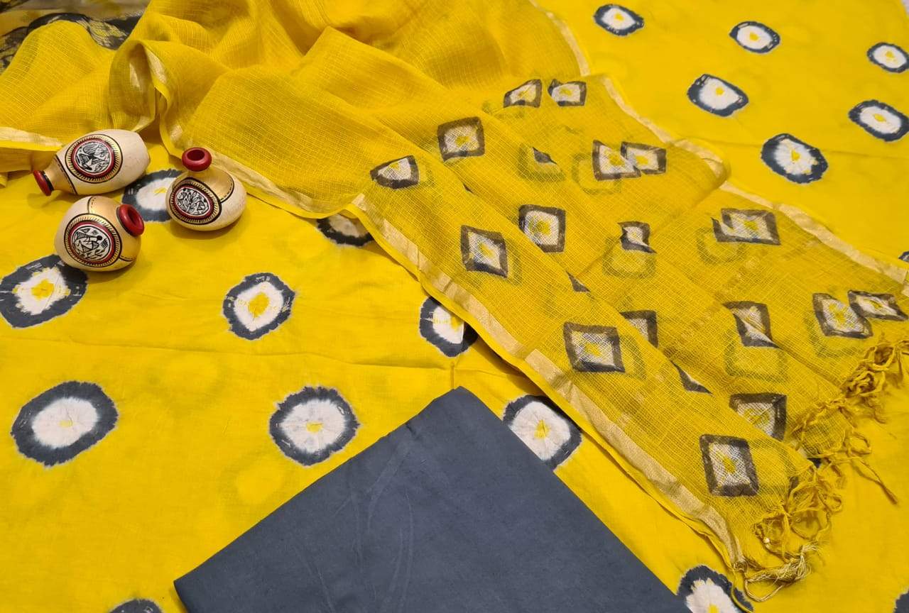 Yellow and Blue dotted Handblock Unstitched Printed Cotton Suit