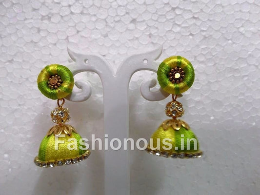 Yellow and Green Silk Thread Jhumkas