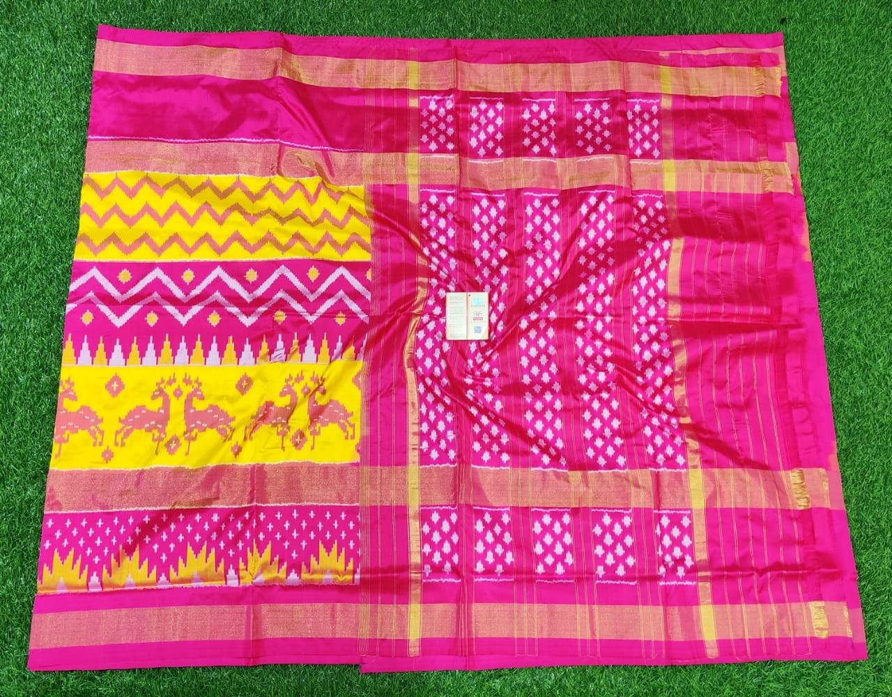 Yellow and Pink Deer border Ikkat Silk Saree