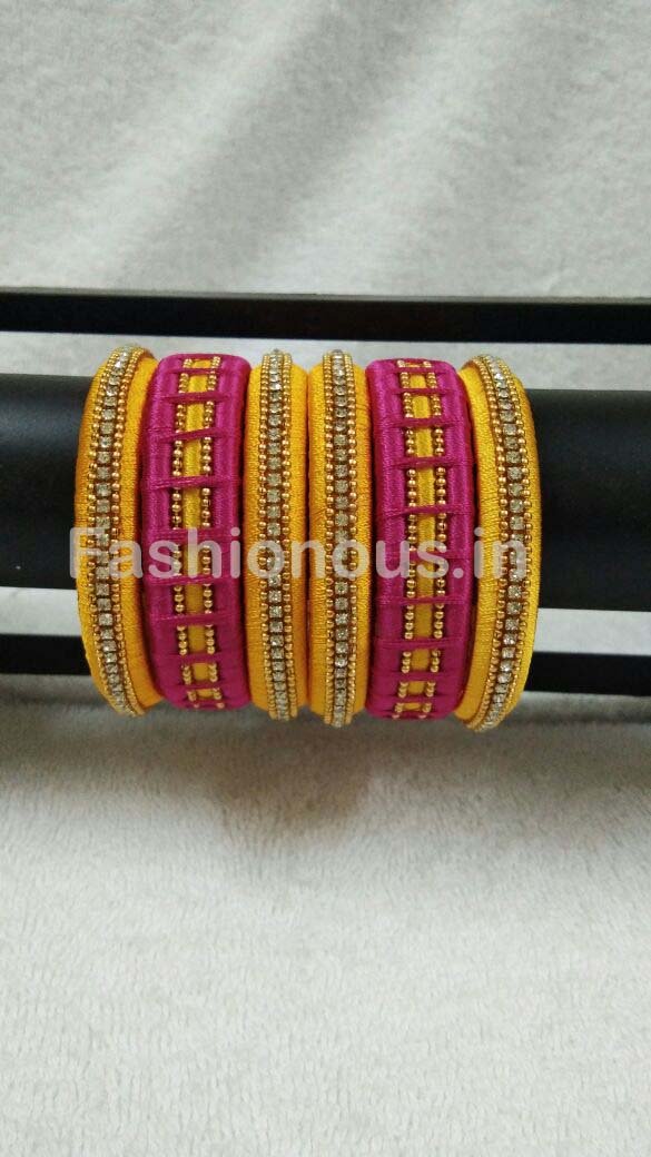 Yellow and Pink Stone Worked Silk Thread Bangle Set-STJSW-022
