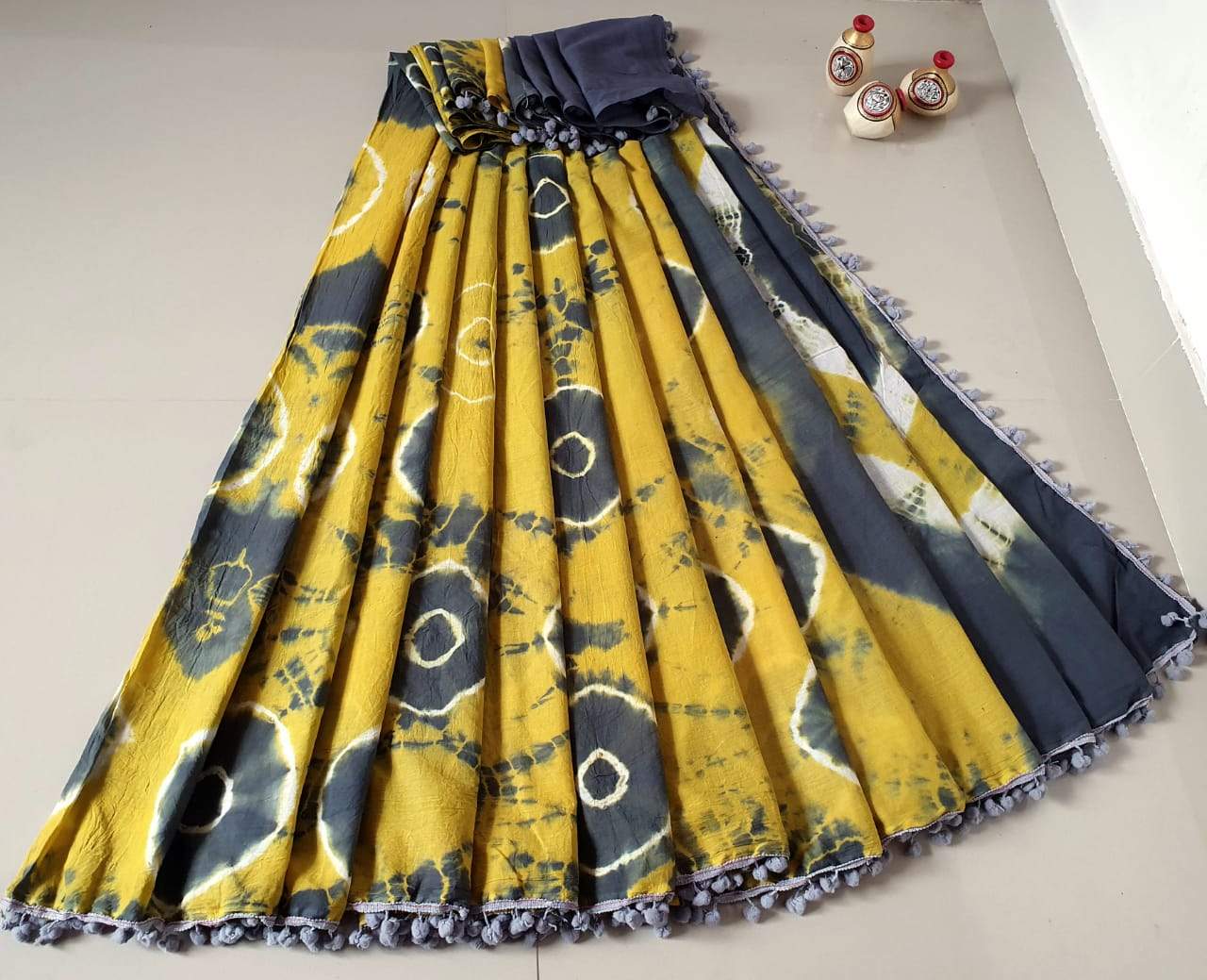 Yellow with Black Patch Jaipuri Cotton Saree