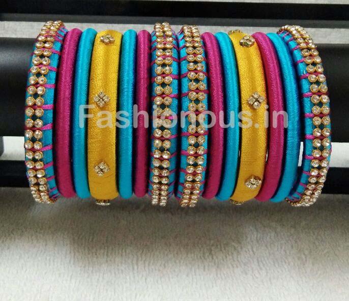 Yellow with Blue and Pink Stone Worked Silk Thread Bangle Set