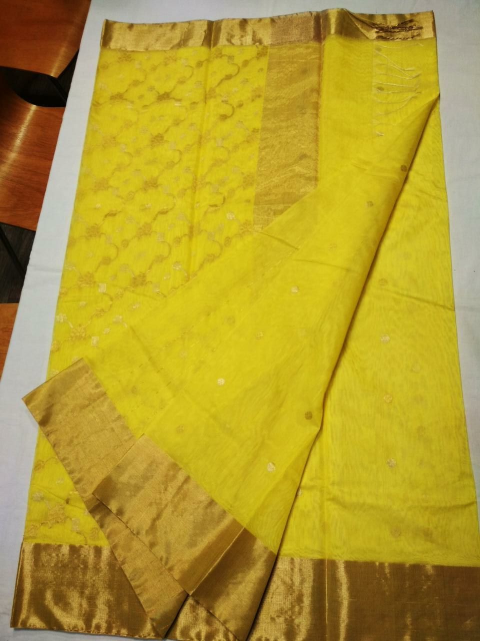 Yellow with Golden Chained Floral Zari Border Chanderi Silk Saree-CHANSRE-078