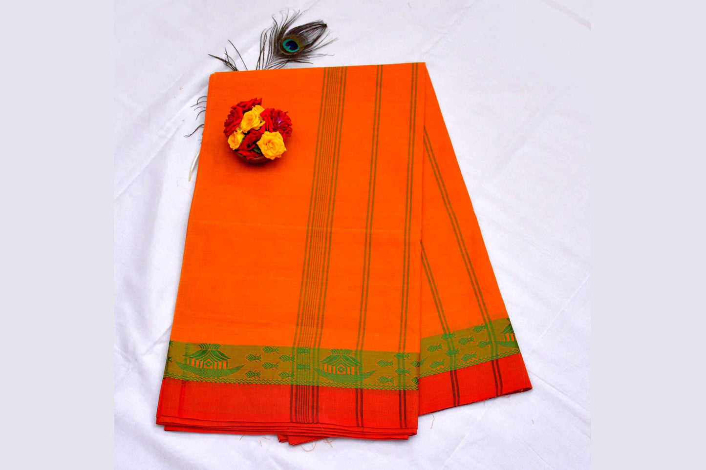 Orange and Green Fish Designed Orange Border Handwoven Chettinad Cotton Saree