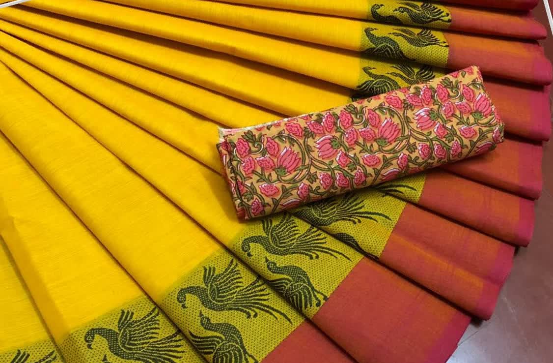 Yellow with Love Bird Border Pure Cotton Saree CPC 009