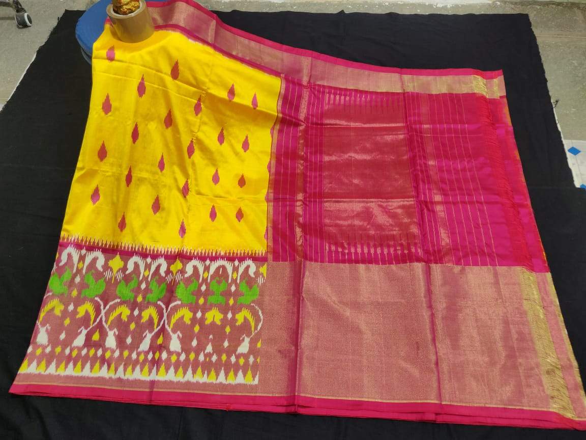 Yellow with Pink Border Pure Ikkat Silk Saree