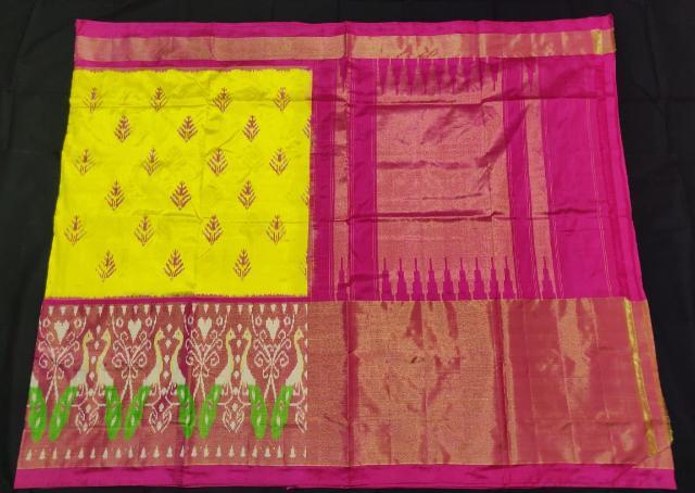 Yellow with Pink Border and Pallu Pure Ikkat Silk Saree Fashionous