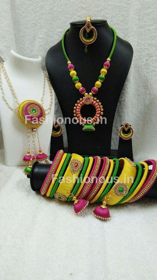 Yellow with Pink and Green Silk Thread Jewellery Set-STJSW-078