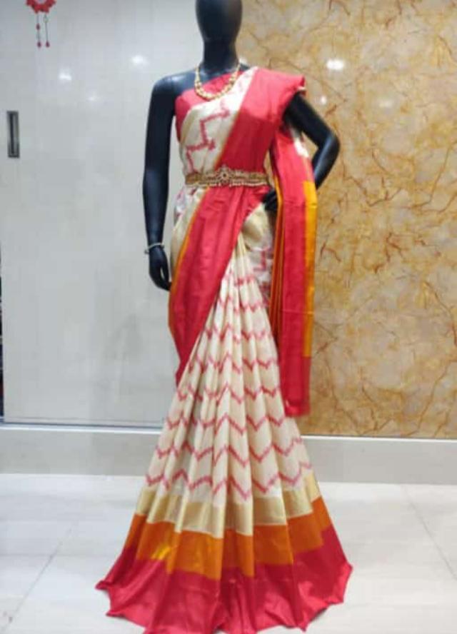 Zig-Zag Tricolour Pure Ikkat Silk Saree