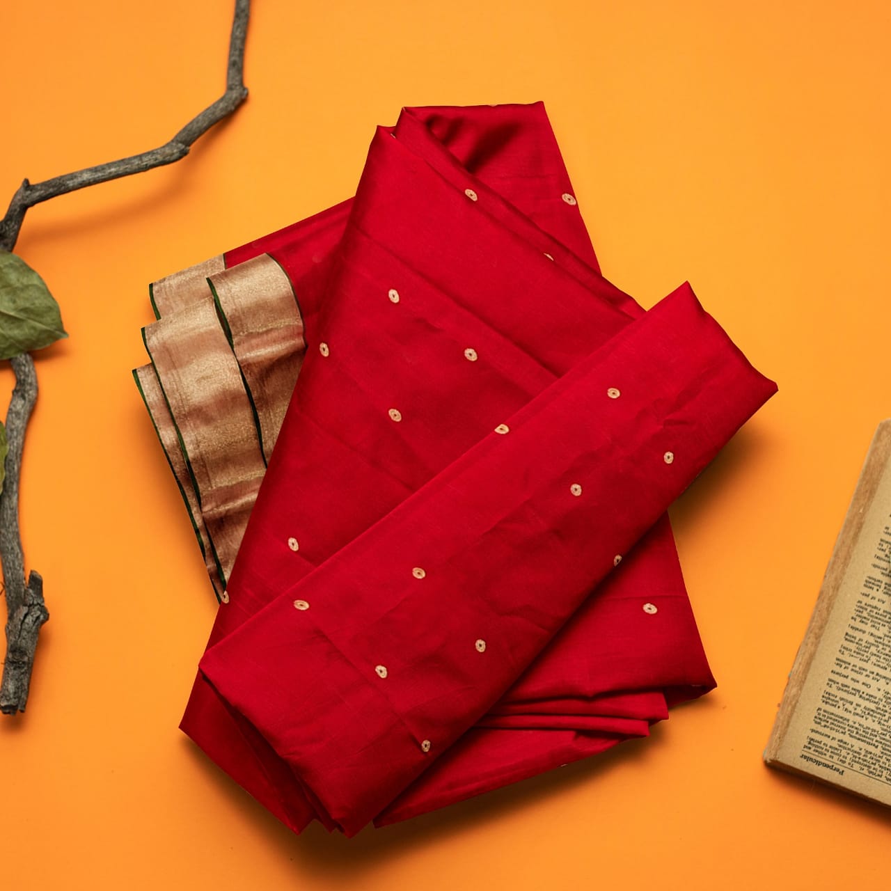 Chanderi Cotton Silk Saree Red with Golden Jari CSS-003