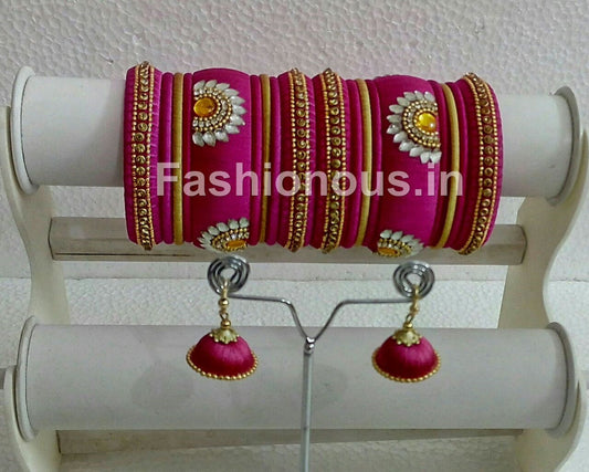 Pink with Gold Silk thread Bangles and Jhumkas
