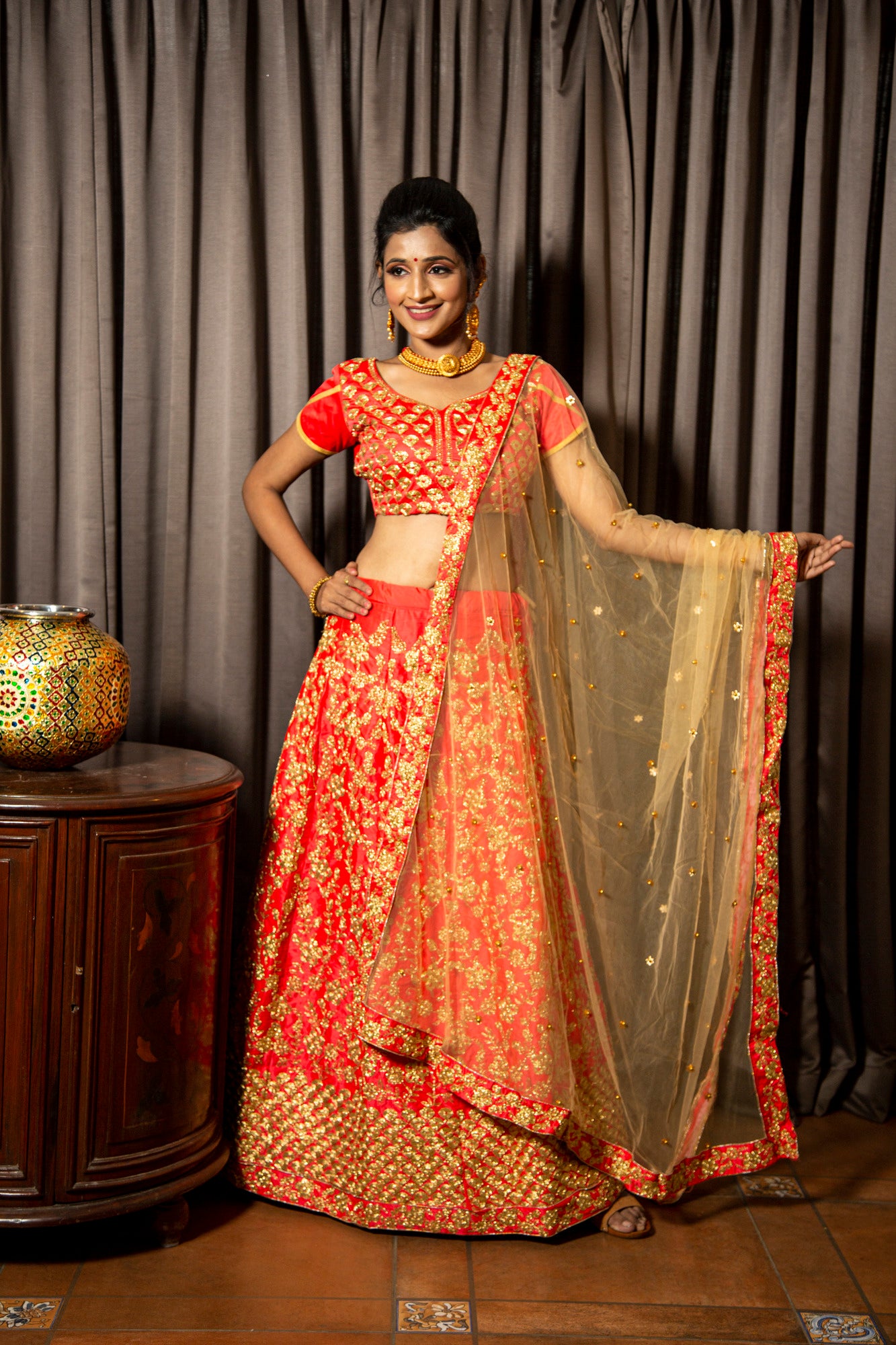 Rudra Semi Stitched Satin Embroidered Work Bridal Lehenga Choli