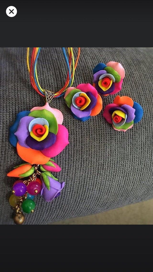 Blue Pink Floral Polymer Clay Pendant And Studs